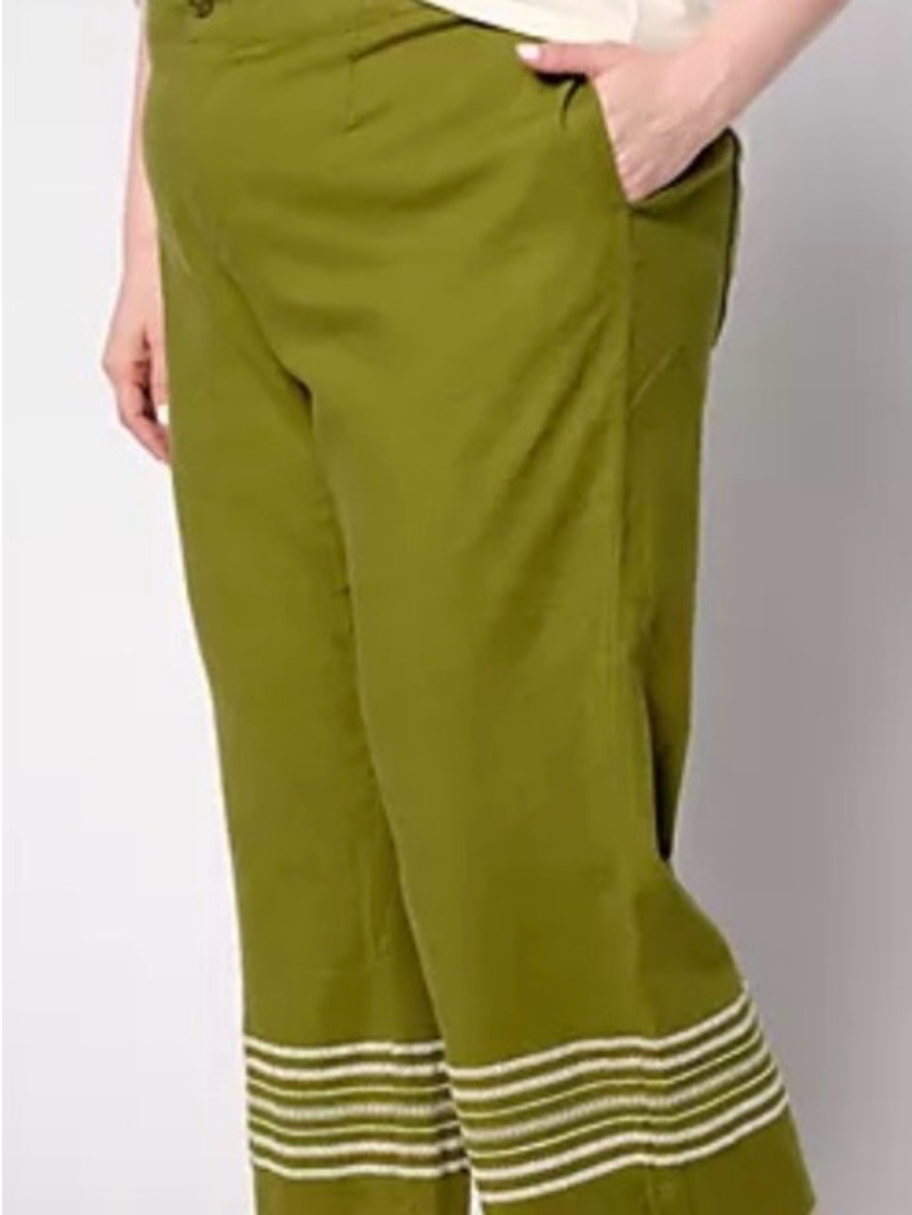 Joan Rivers Olive Wide-Leg Crop Pants with Striped Hem